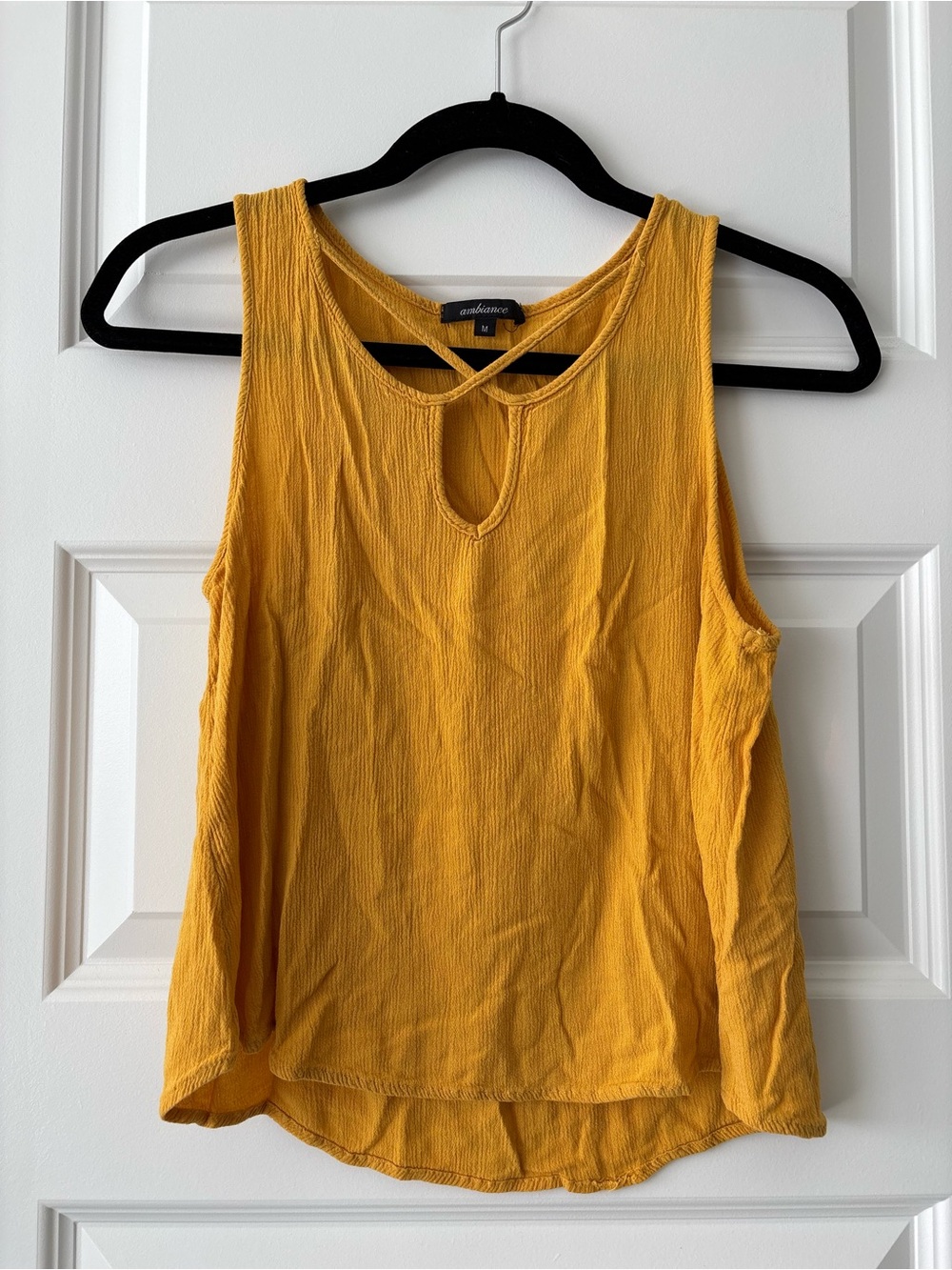 Ambiance Mustard Yellow Crinkle Tank Top with Crisscross Keyhole Neckline Size M